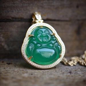 Gold Green Jade Buddha Pendant+ Necklace